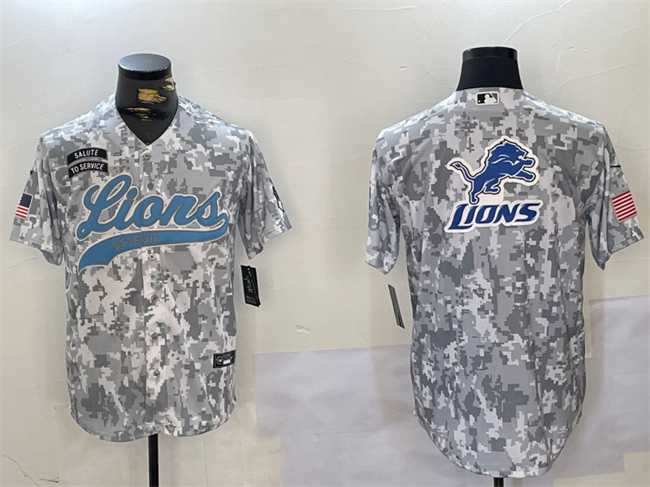 Men%27s Detroit Lions Team Big Logo 2024 Arctic Camo Salute To Service Stitched Baseball Jersey